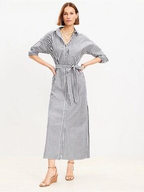 LOFT Striped Poplin Belted Pocket Shirtdress size L petite 2024